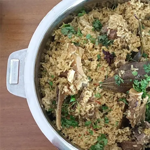 Pot of home-cooked biryani at The GreenStay, Sakleshpur