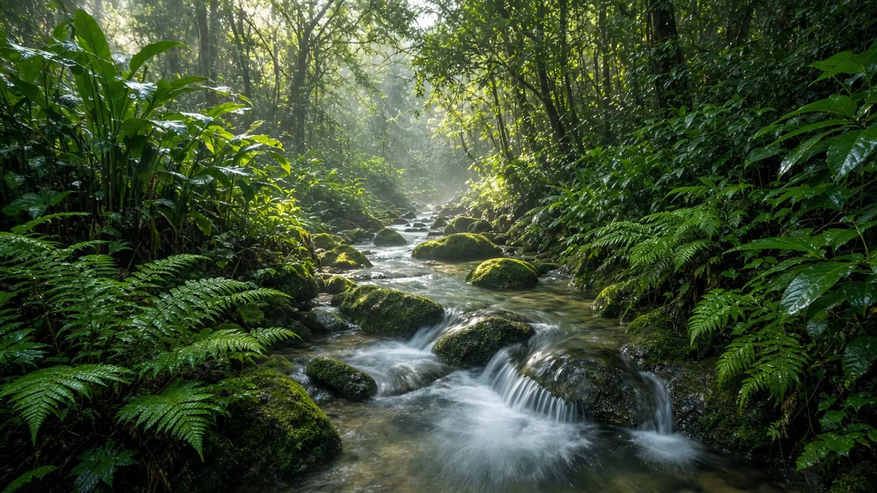 A clear forest stream through a plantation