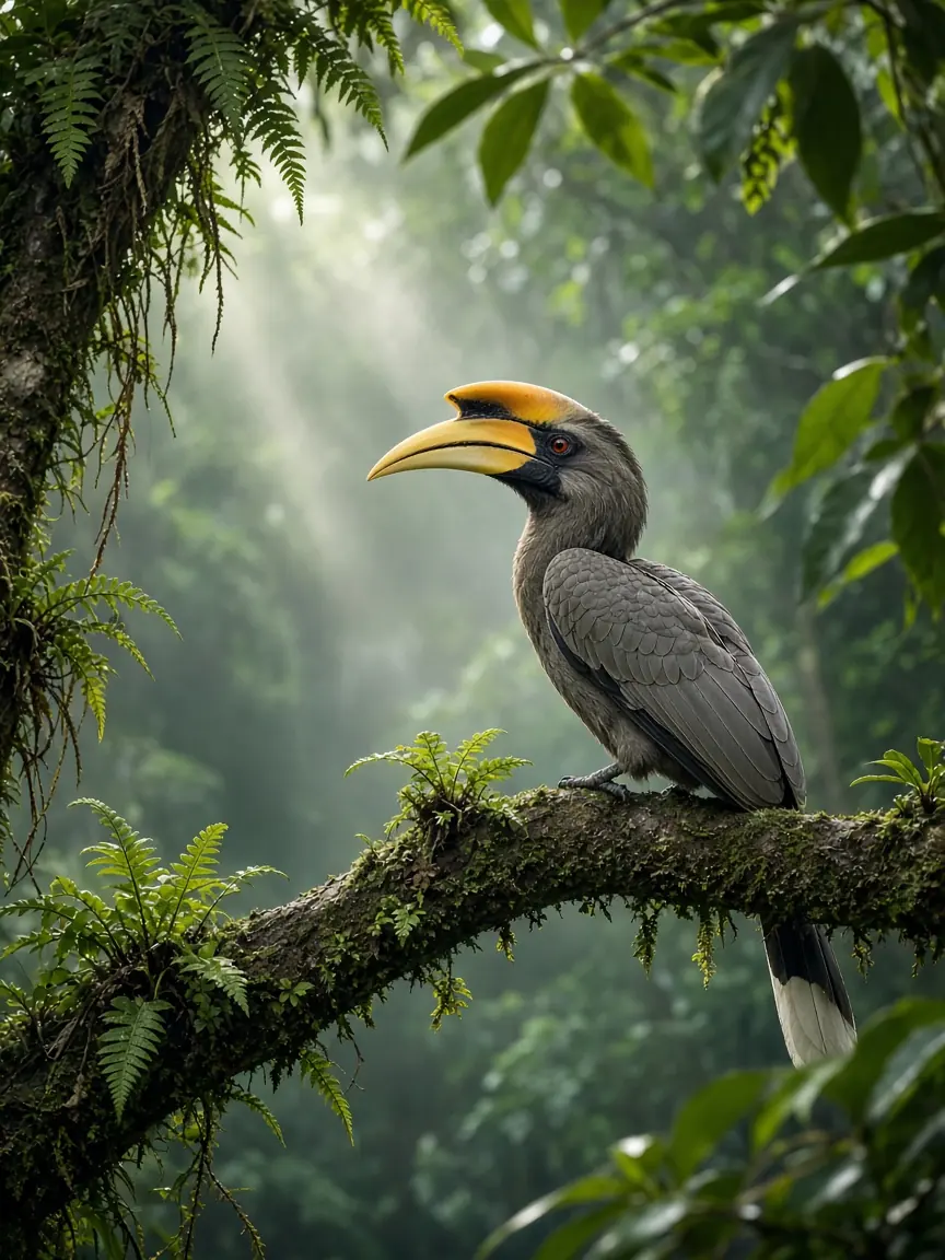 Hornbill in misty rainforest at dawn